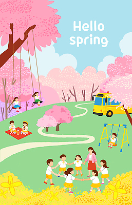 PSD 나무 꽃 어린이 컬러 일러스트 교실 학교 모션 자연 놀이 웃음 친구 소풍 식사 봄 놀이터 즐거움 그네 놀기 국내일러스트 식물 계절 교육 감정 관계 표정 사람 야외활동 생태계 파일형식