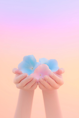 JPG 편집이미지 손 꽃잎 감정 여유 예술 분홍색 컬러 백그라운드 자연 장식 파란색 중앙 오브젝트 부드러움 파스텔 파스텔톤 의료성형뷰티 스타일 이미지편집 AI컴퓨터그래픽 AI콘텐츠 꽃 학용품 신체부위 감각 생태계 파일형식