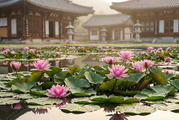 JPG 식물 편집이미지 고건축 한국건축 자연 아침 조명 연꽃 풍경 물 평화 정원 소리 문화재 연못 절 사찰 편집실사 AI컴퓨터그래픽 AI콘텐츠 주간 자연요소 건축물 건축 꽃 컨셉 종교건축 인사 CG 생태계 파일형식