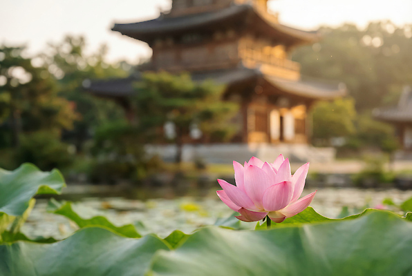 JPG 나무 식물 편집이미지 고건축 자연 연꽃 풍경 물 여름 햇빛 정원 문화재 연못 절 사찰 연습 뷰티풀 전경 편집실사 AI컴퓨터그래픽 AI콘텐츠 자연요소 건축물 계절 꽃 종교건축 태양 인사 CG 생태계 파일형식 탑뷰
