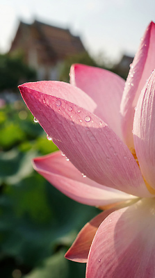 JPG 식물 편집이미지 꽃잎 꽃 컬러 자연 아침 주택 연꽃 여름 반짝임 햇빛 정원 물방울 절 사찰 연습 뷰티풀 편집실사 AI컴퓨터그래픽 AI콘텐츠 주간 계절 종교건축 모션 건물 태양 인사 CG 생태계 파일형식