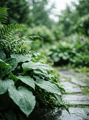 JPG 나무 식물 편집이미지 공원 자연 날씨 나뭇잎 장식 초록색 여름 정원 물방울 봄비 정원가꾸기 돌길 편집실사 AI컴퓨터그래픽 AI콘텐츠 계절 공공시설 길 컬러 잎 봄 비_날씨 CG 생태계 원예 파일형식