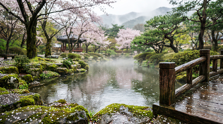 JPG 나무 편집이미지 꽃잎 자연 산 풍경 잔디 여러명 물 정원 고요 봄 산책 벚꽃 돌_바위 연못 봄비 편집실사 AI컴퓨터그래픽 AI콘텐츠 자연요소 식물 계절 꽃 다수 휴식 사람 비_날씨 CG 생태계 파일형식