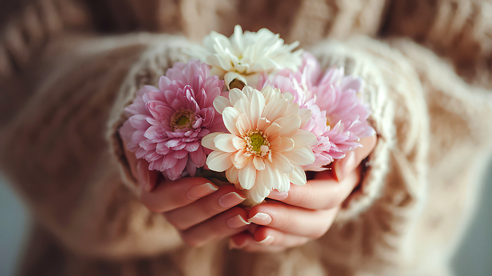 JPG 편집이미지 손 디자인 꽃 분홍색 꽃다발 자연 실내 사람 촬영 흰색 스웨터 부드러움 뷰티풀 의료성형뷰티 편집실사 AI인물포토 AI콘텐츠 식물 컬러 상의 내부 신체부위 감각 CG 생태계 파일형식 AI포토