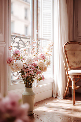 JPG 편집이미지 꽃 꽃다발 의자 자연 실내 장식 인테리어 햇빛 꽃병 공간 방 창가 향기 단정 편집실사 AI포토 AI콘텐츠 식물 디자인 가구 컨셉 창문 내부 태양 CG 생태계 냄새 파일형식