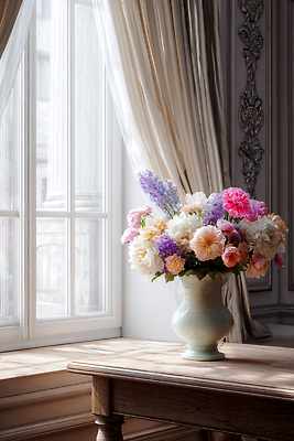 JPG 편집이미지 디자인 꽃잎 꽃 컬러 꽃다발 창문 자연 실내 장식 햇빛 꽃병 봄 커튼 꽃집 뷰티풀 편집실사 AI포토 AI콘텐츠 식물 계절 내부 태양 상점 CG 생태계 파일형식