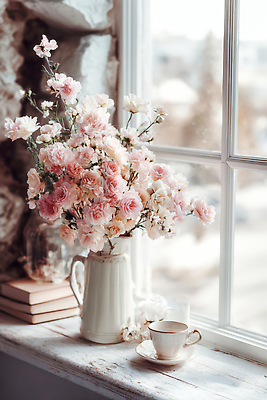 JPG 편집이미지 꽃 분홍색 꽃다발 겨울 창문 자연 잔 실내 일상 책 인테리어 꽃병 카페 창가 편집실사 AI포토 AI콘텐츠 식물 식기 디자인 계절 컬러 내부 라이프 상점 CG 생태계 파일형식