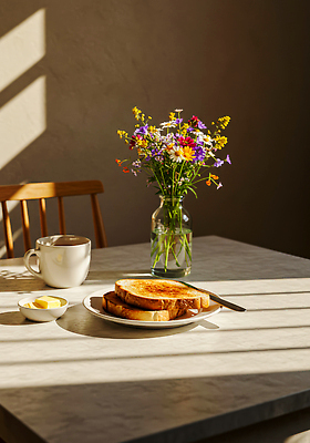 주간 식물 꽃 음료 빵 가구 탁자 내부 태양 식사 CG 파일형식 AI콘텐츠 아침 식탁 토스트 꽃다발 커피 과일 햇빛 실내 음식 요리 브런치 주말 편집실사 편집이미지 JPG 아침식사 AI포토