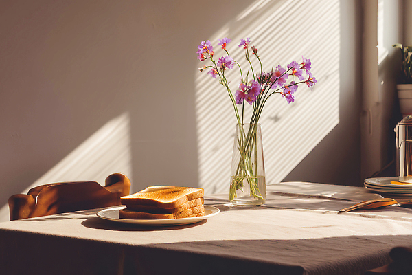 JPG 편집이미지 접시 음식 꽃다발 창문 식탁 탁자 아침 일상 햇빛 주방 꽃병 방 아침식사 식빵 브런치 편집실사 AI포토 AI콘텐츠 주간 식기 꽃 빵 가구 라이프 태양 식사 CG 파일형식