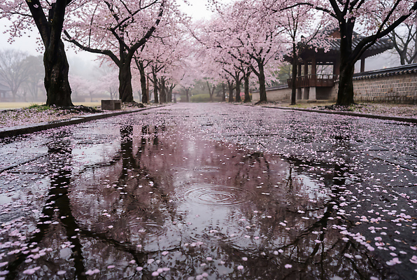 JPG 나무 편집이미지 꽃잎 길 분홍색 풍경 잔디 빛 반사 소풍 봄 궁전 벚꽃 물방울 꽃비 편집실사 AI포토 AI콘텐츠 식물 계절 꽃 컬러 고건축 야외활동 CG 파일형식