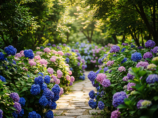 식물 계절 꽃 컬러 태양 CG 생태계 파일형식 AI콘텐츠 정원 수국 보라색 분홍색 길 나무 햇빛 돌_바위 초록색 자연 풍경 여름 편집실사 편집이미지 JPG AI컴퓨터그래픽