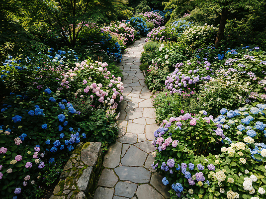 JPG 식물 편집이미지 꽃 화초 꽃밭 자연 풍경 여름 걷기 정원 산책 산책로 조경 수국 돌길 편집실사 AI컴퓨터그래픽 AI콘텐츠 계절 길 모션 휴식 CG 생태계 파일형식