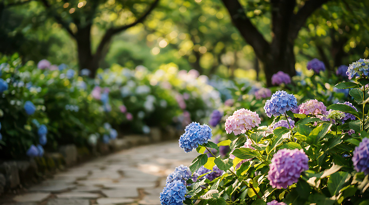 JPG 나무 식물 편집이미지 꽃 화초 분홍색 자연 여름 파란색 소풍 정원 산책 그늘 수국 돌길 편집실사 AI컴퓨터그래픽 AI콘텐츠 계절 길 컬러 휴식 야외활동 CG 생태계 파일형식