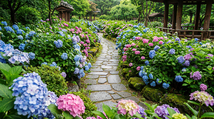 JPG 나무 식물 편집이미지 꽃 자연 풍경 여름 걷기 정원 산책 산책로 발코니 분수 조경 화단 수국 편집실사 AI컴퓨터그래픽 AI콘텐츠 계절 길 모션 휴식 CG 생태계 파일형식