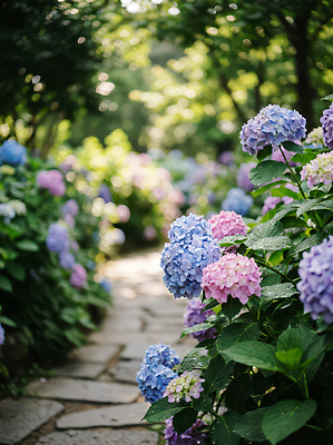 JPG 나무 식물 편집이미지 공원 꽃 길 컬러 꽃밭 자연 조명 풍경 초록색 여름 정원 산책 수국 편집실사 AI컴퓨터그래픽 AI콘텐츠 계절 공공시설 휴식 CG 생태계 파일형식