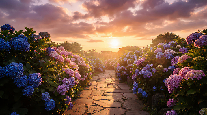 JPG 식물 편집이미지 꽃 길 컬러 꽃밭 자연 하늘 풍경 태양 정원 일몰 산책 저녁 수국 편집실사 AI컴퓨터그래픽 AI콘텐츠 자연요소 휴식 노을 야간 CG 생태계 파일형식