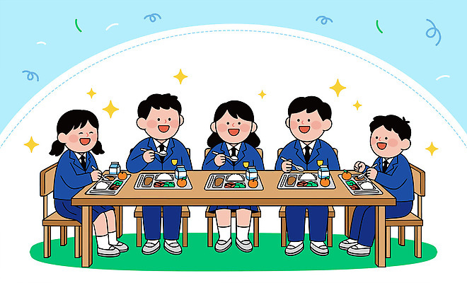 학생 교복 문화 어린이 음식 컬러 일러스트 교실 학교 모션 탁자 디저트 고등학교 초등학교 대화 웃음 친구 식사 그룹 점심 쉬는시간 중학교 급식 국내일러스트 AI파일 옷 교육 가구 관계 휴식 표정 말하기 사람 파일형식 벡터