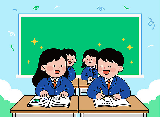 학생 교육 교복 어린이 일러스트 교실 학교 모션 청소년 수업 고등학교 웃음 책 친구 학습 연필 교사 공책 칠판 기록 집중 학원 중학교 국내일러스트 AI파일 직업 옷 컨셉 관계 문구용품 학용품 표정 사람 필기구 파일형식 벡터