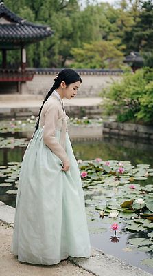 JPG 편집이미지 전통 꽃 자연 한옥 한국 소녀 물 여름 정원 궁전 연못 체험 한복 연습 구경 방문 의료성형뷰티 편집실사 AI인물포토 AI콘텐츠 자연요소 식물 한국전통 계절 여자 아시아 어린이 컨셉 고건축 전통의상 CG 생태계 파일형식 AI포토