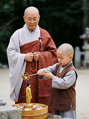 JPG 나무 편집이미지 전통 교육 종교 문화 어린이 물 부처님오신날 사찰 의식 승려 불상 예배 동자승 조화 수행 정성 의료성형뷰티 편집실사 AI인물포토 AI콘텐츠 자연요소 식물 기념일 불교 종교건축 사람 성직자 CG 파일형식 AI포토