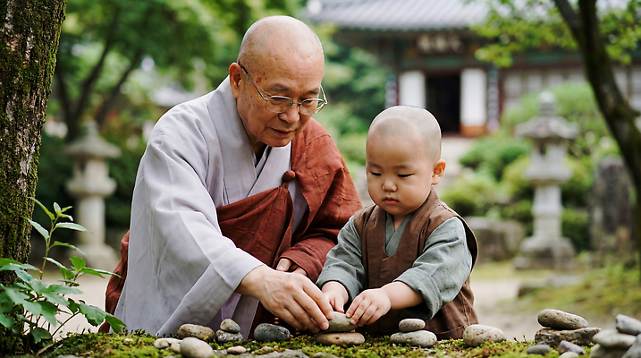 JPG 나무 편집이미지 전통 교육 문화 어린이 가족 모션 자연 협력 쌓기 정원 돌_바위 사원 승려 동자승 오후 의료성형뷰티 편집실사 AI인물포토 AI콘텐츠 식물 관계 사람 성직자 CG 생태계 파일형식 AI포토