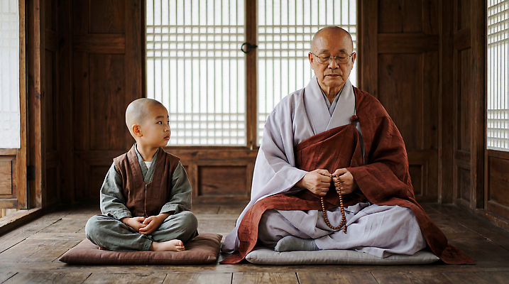 JPG 편집이미지 전통 교육 문화 어린이 불교 한국 사찰 승려 연습 명상 동자승 부처 의료성형뷰티 편집실사 AI인물포토 AI콘텐츠 아시아 종교 종교건축 사람 성직자 CG 파일형식 AI포토