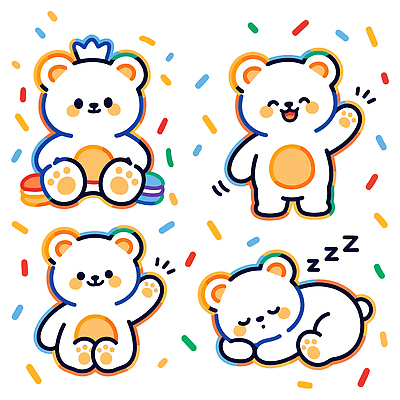 동물 캐릭터 디자인 상징 컬러 일러스트 곰 왕관 웃음 앉기 귀여움 표현 즐거움 그림 손흔들기 아기곰 스타일 국내일러스트 AI파일 감정 새끼 컨셉 포유류 모션 표정 파일형식 벡터