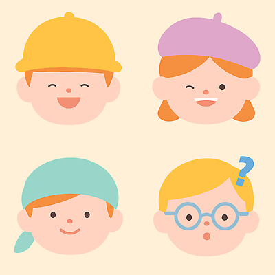 캐릭터 디자인 얼굴 어린이 컬러 일러스트 표정 미소 웃음 캐주얼 기쁨 표현 그림 눈웃음 단순화된 생김새 국내일러스트 AI파일 옷 감정 사람 신체부위 파일형식 벡터