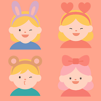 캐릭터 헤어스타일 디자인 감정 문화 컬러 일러스트 장난 표정 웃음 소녀 상반신 귀여움 기쁨 다양 머리띠 그림 머리장식 드로잉 스타일 국내일러스트 AI파일 여자 어린이 다수 컨셉 장신구 미술 장식 파일형식 벡터