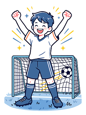 스포츠 유니폼 일러스트 축구공 공 모션 소년 잔디 야외 운동 축구 기쁨 골대 축구경기 골 손흔들기 국내일러스트 AI파일 식물 옷 남자 감정 어린이 축구용품 건강 경기 구기 파일형식 벡터