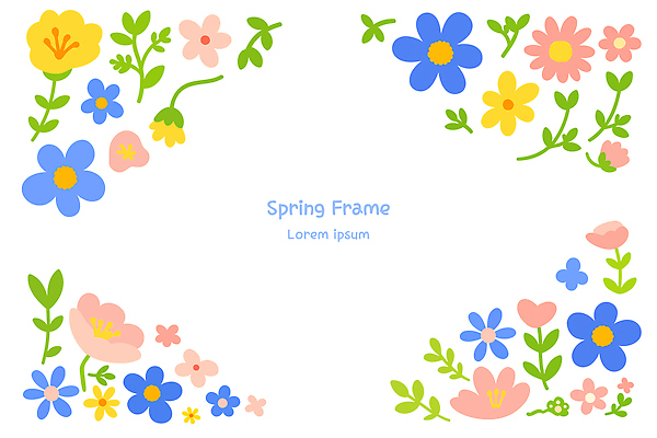 식물 디자인 꽃 예술 분홍색 컬러 꽃다발 백그라운드 일러스트 자연 프레임 장식 파란색 노란색 봄 화사함 색채 창의력 카피스페이스 브랜딩 국내일러스트 AI파일 계절 컨셉 공백 생태계 파일형식 벡터