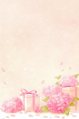JPG 디자인 기념일 꽃 리본 분홍색 컬러 백그라운드 일러스트 자연 선물 풍경 이벤트 장식 여름 상자 화환 봄 축하 그림 장면 수국 국내일러스트 AI일러스트 AI콘텐츠 식물 계절 컨셉 생태계 파일형식