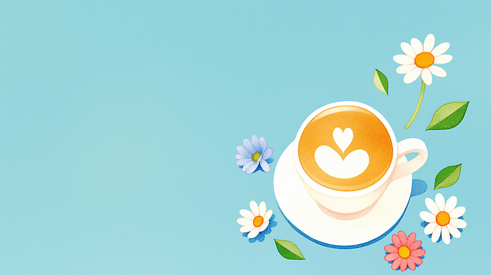 JPG 디자인 꽃 여유 커피 음료 컬러 꽃다발 백그라운드 일러스트 아침 사랑 미소 컵 햇빛 카페 마음 쉬는시간 라떼 테마 카피스페이스 국내일러스트 AI일러스트 AI콘텐츠 주간 식물 식기 감정 휴식 표정 태양 상점 공백 파일형식