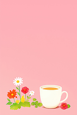 JPG 식물 디자인 꽃 커피 음료 예술 분홍색 백그라운드 일러스트 자연 따뜻함 컵 빨간색 초록색 주황색 카페 흰색 관찰 화사함 생동감 카피스페이스 국내일러스트 AI일러스트 AI콘텐츠 식기 컬러 컨셉 모션 상점 공백 생태계 파일형식