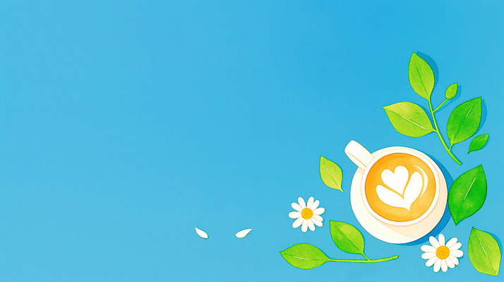 JPG 식물 디자인 꽃 커피 음료 백그라운드 잎 일러스트 아침 따뜻함 일상 장식 파란색 카페 마시기 힐링 심플 장면 오후 카피스페이스 국내일러스트 AI일러스트 AI콘텐츠 주간 컬러 모션 라이프 상점 공백 파일형식