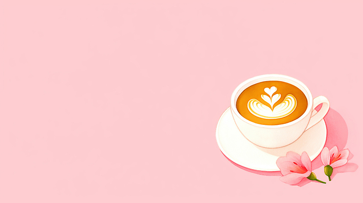 JPG 디자인 꽃 여유 커피 음료 분홍색 컬러 백그라운드 일러스트 잔 따뜻함 일상 카페 마시기 달콤 그림 향기 나란히 라떼 카피스페이스 국내일러스트 AI일러스트 AI콘텐츠 식물 식기 감정 모션 라이프 상점 공백 맛 냄새 파일형식