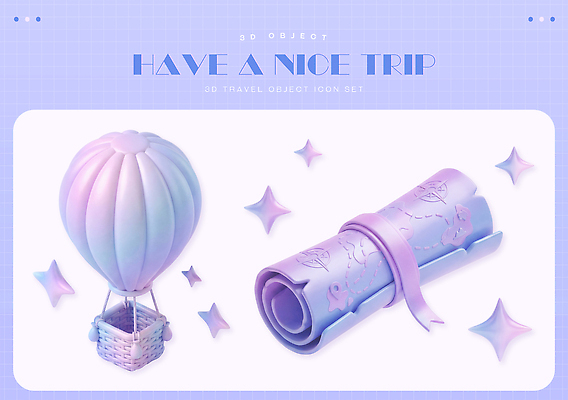 컬러 항공교통 3D 파일형식 여행 열기구 지도 오브젝트 파란색 분홍색 리본 하늘 높이 비행 탐험 세트 PSD 편집3D 편집이미지 홀로그램 보라색