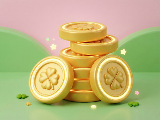 JPG 편집이미지 디자인 상징 분홍색 컬러 백그라운드 돈 탁자 장식 동전 촬영 금색 네잎클로버 오브젝트 세잎클로버 편집3D AI컴퓨터그래픽 AI콘텐츠 식물 가구 3D 재산 클로버 파일형식