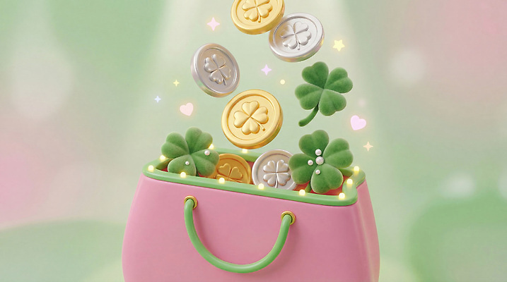 JPG 편집이미지 디자인 상징 분홍색 패턴 가방 그래픽 동전 금색 행운 네잎클로버 클로버 은색 소원 편집3D AI컴퓨터그래픽 AI콘텐츠 식물 잡화 컬러 컨셉 돈 무늬 3D 파일형식