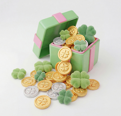 식물 컬러 컨셉 돈 3D 재산 클로버 파일형식 AI콘텐츠 상자 동전 장식 초록색 금색 은색 선물 장난감 상품 귀여움 디자인 창의성 편집이미지 JPG 네잎클로버 편집3D AI컴퓨터그래픽