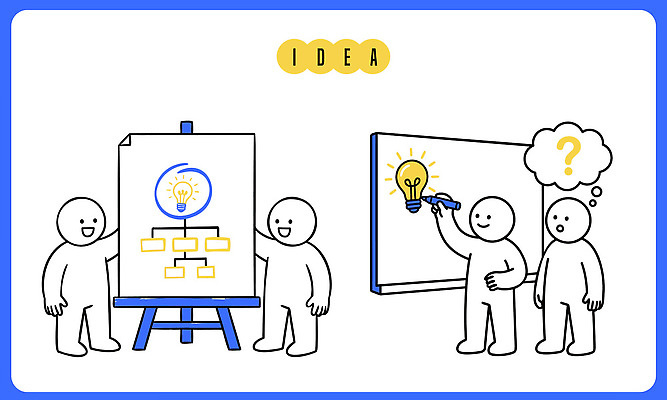 생각 일러스트 회의 협력 아이디어 말하기 설명 정보 발표 그룹 토론 그림 화이트보드 공유 소통 문제해결 창의성 피드백 브레인스토밍 국내일러스트 AI파일 컨셉 비즈니스 모션 파일형식 벡터
