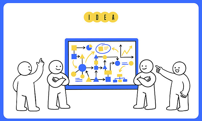 컨셉 비즈니스 파일형식 벡터 아이디어 발표 그래프 사람 도형 화살표 의견 회의 협력 소통 브레인스토밍 그래픽 기획 디자인 생각 분석 계획 표현 AI파일 국내일러스트 일러스트