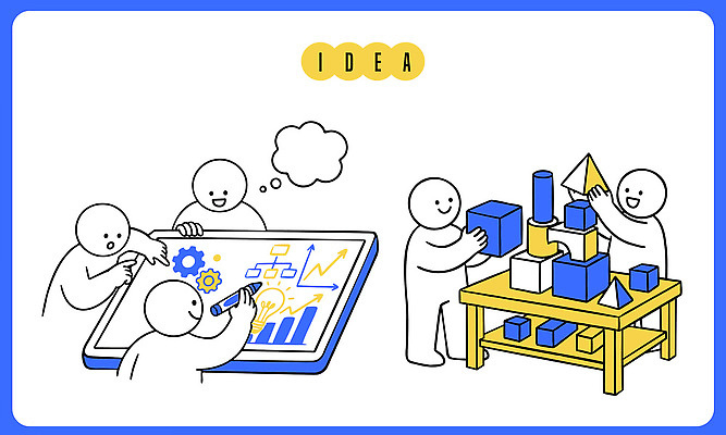 디자인 일러스트 모션 탁자 회의 그래프 협력 아이디어 사람 쌓기 모형 스크린 블록 작업 계획 상품 전략 개발 구상 문제해결 창의성 국내일러스트 AI파일 가구 컨셉 비즈니스 파일형식 벡터