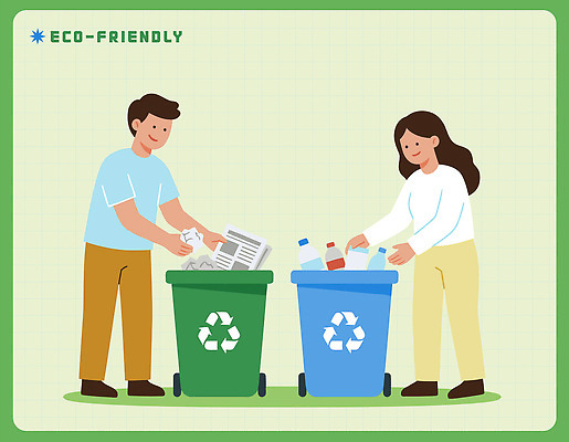 여자 남자 종이 일러스트 모션 생활 환경 재활용 쓰레기통 도시 쓰레기 폐기물 플라스틱 청소 에코 친환경 정리 자원 분리배출 책임감 국내일러스트 AI파일 컨셉 재질 사람 파일형식 벡터