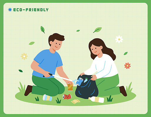 여자 남자 일러스트 모션 자연 이벤트 초원 자연보호 환경 재활용 도움 쓰레기 청소 에코 친환경 분리수거 정리 자원 쓰레기봉투 참여 줍기 지역사회 국내일러스트 AI파일 컨셉 봉투 사람 보호 생태계 파일형식 벡터