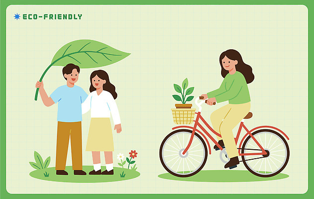 식물 커플 여자 남자 꽃 화분 잎 일러스트 모션 자연 건강 초록색 환경 자전거 에코 친환경 Outdoor 국내일러스트 AI파일 컬러 관계 사람 바이크 생태계 파일형식 벡터