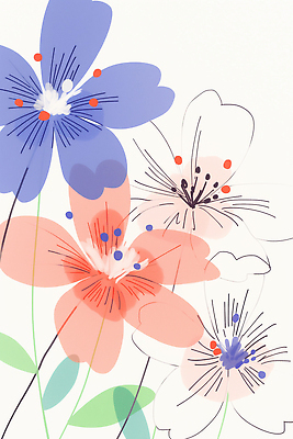 JPG 모양 식물 디자인 꽃 예술 분홍색 컬러 백그라운드 잎 패턴 일러스트 재료 자연 생명 장식 파란색 흰색 꽃술_꽃 그림 국내일러스트 AI일러스트 AI콘텐츠 무늬 생태계 파일형식