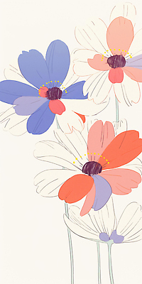 JPG 식물 디자인 꽃잎 꽃 예술 선 줄기 분홍색 컬러 백그라운드 일러스트 자연 파란색 주황색 그림 화사함 조화 스타일 디테일 국내일러스트 AI일러스트 AI콘텐츠 컨셉 생태계 파일형식