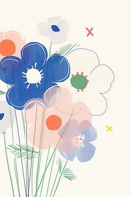 JPG 모양 식물 디자인 꽃 예술 줄기 분홍색 컬러 백그라운드 잎 일러스트 자연 파란색 흰색 원형 크기 그림 기하학 조화 국내일러스트 AI일러스트 AI콘텐츠 도형 무늬 생태계 파일형식