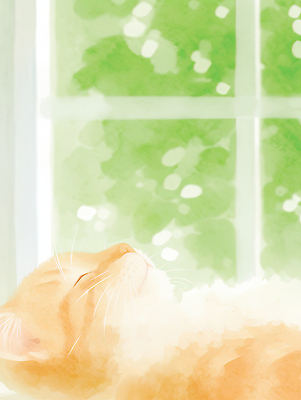 JPG 식물 동물 일러스트 창문 자연 주택 털 생활 초록색 빛 햇빛 고양이 잠 편안함 창가 낮잠 부드러움 일과 국내일러스트 AI일러스트 AI콘텐츠 컬러 포유류 건물 반려동물 태양 감각 생태계 파일형식